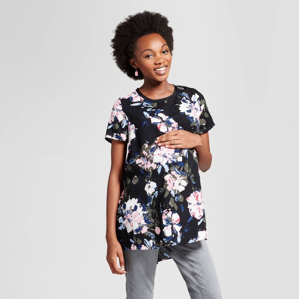 Isabel Maternity Short Sleeve Black Floral Blouse